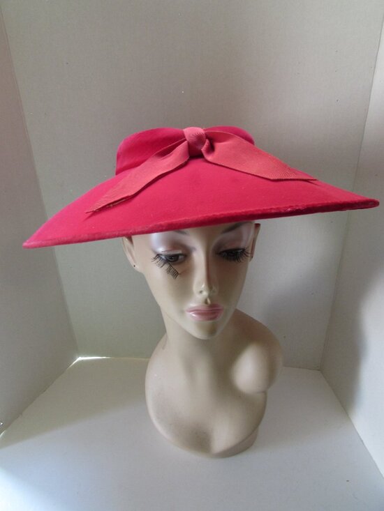 Mid Century Sunnyland Hat Cherry Red Velvet Wide Brim